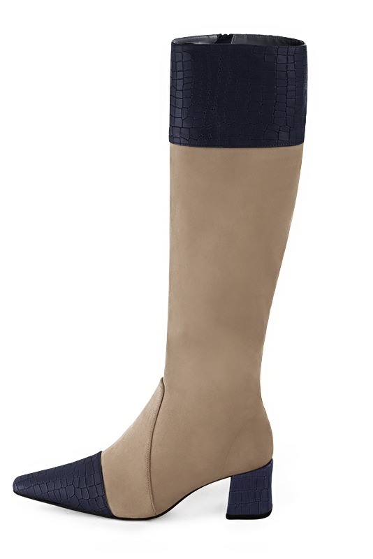 Navy blue and tan beige women's feminine knee-high boots. Tapered toe. Medium block heels. Made to measure. Profile view - Florence KOOIJMAN